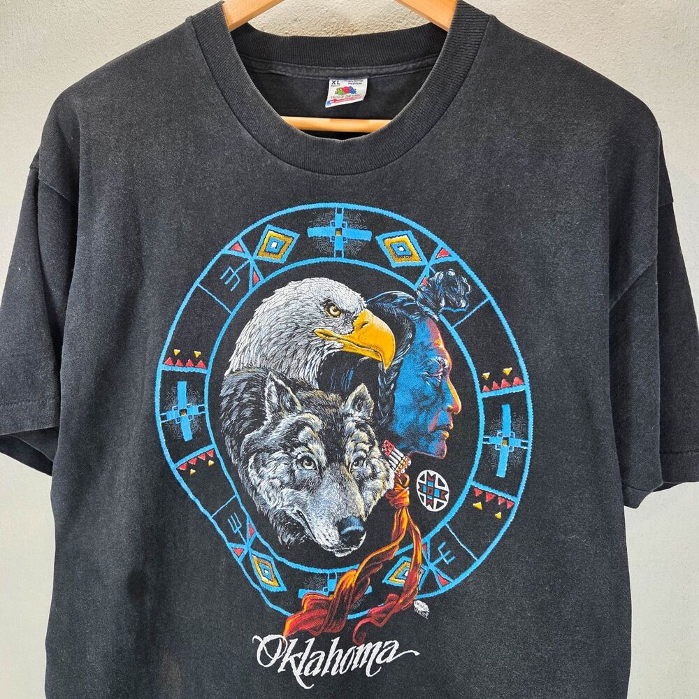 Vintage 90s Oklahoma Wolf Eagle Native American T Shirt Single Stitch USA Sz XL